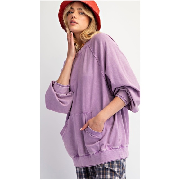 Easel Dusty Lavender Cotton Loose Fit Mineral Wash Pullover Sweater - Picture 5 of 5